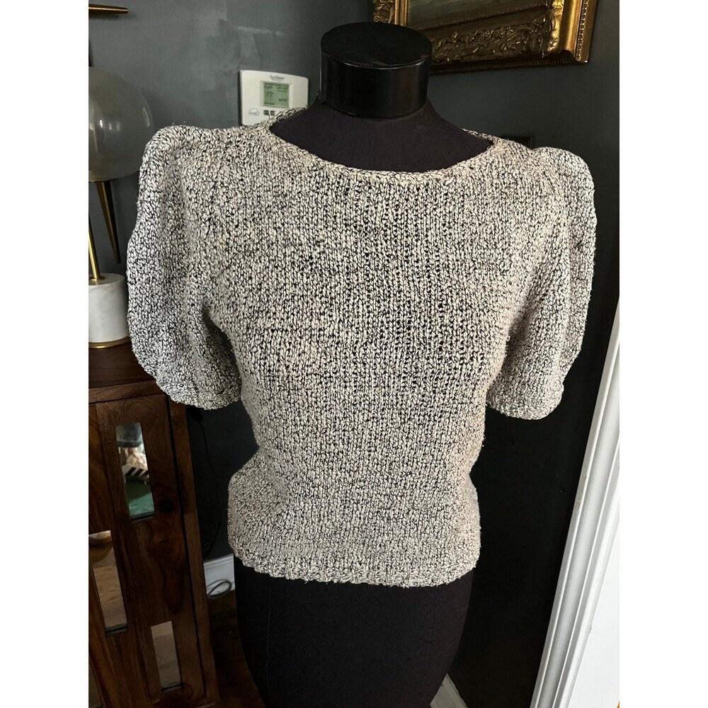 Vintage Knit Black & White Short Puffy Sleeve Summer Sweater Top Shirt sz M